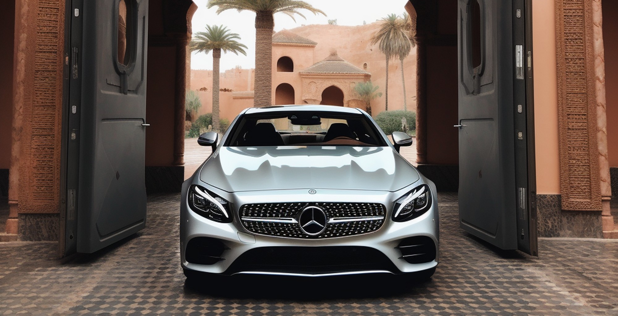 Voiture de luxe Mercedes devant un palais à Marrakech